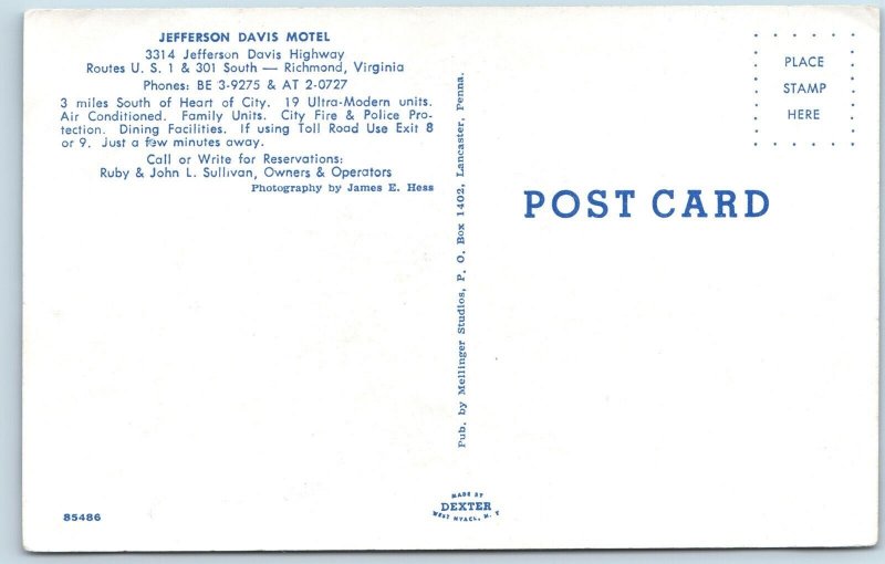 c1950s Richmond VA Jefferson Davis Motel Chrome Photo Roadside Postcard Vtg A192