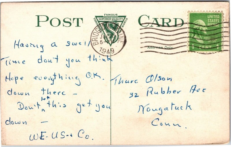 Postcard comic It Floats fat woman at beach with umbrella