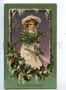 202869 X-MAS Winter Girl in White CHRISTMAS Vintage EMBOSSED