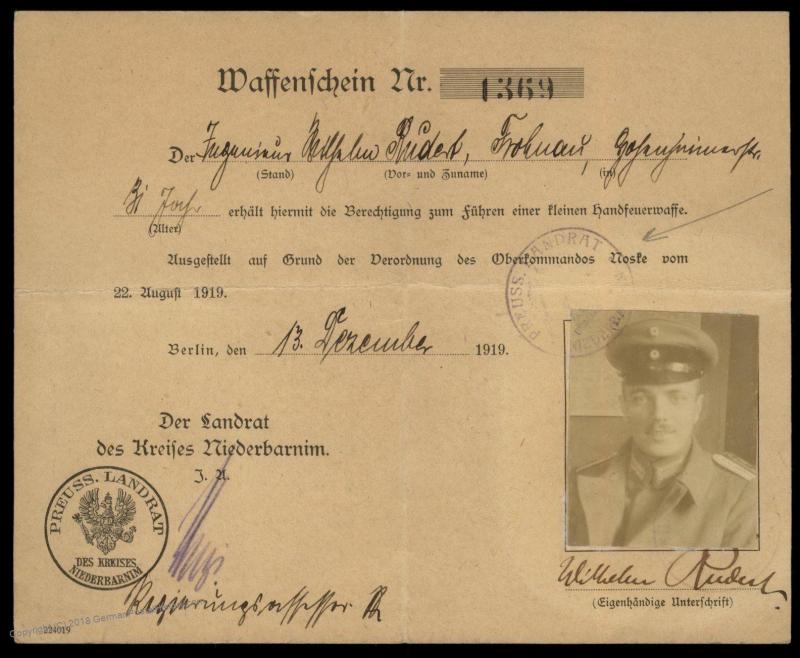 Germany Reichswehr Freikorps 1919 Photo ID Pistol Carry Permit Oberkommand 92549
