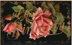 Vintage Postcard A Happy Birthday Pink Rose Golden Ivy Border Dark Background