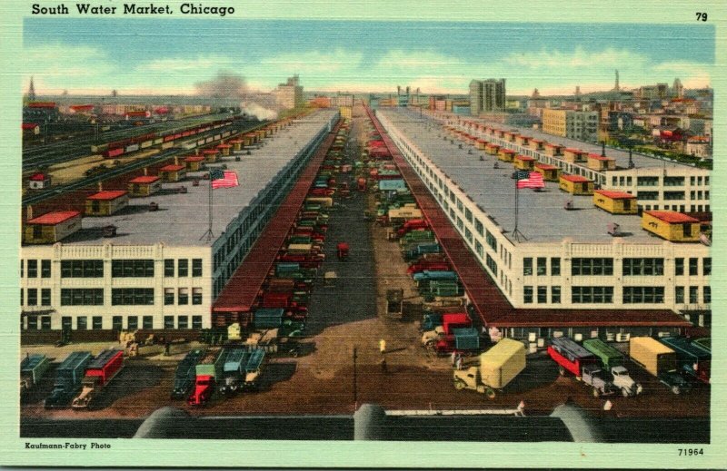 Vtg Linen Postcard South Water Market Chicago Illinois IL - UNP Trucks Warehouse