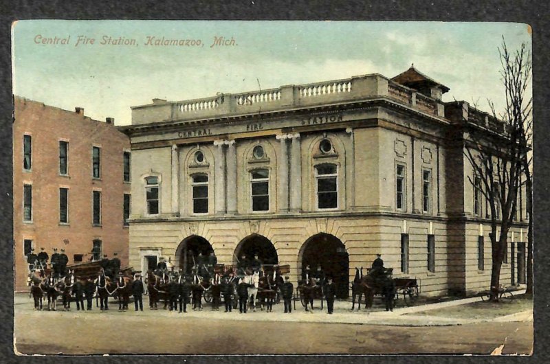 CENTRAL FIRE STATION KALAMAZOO MICHIGAN POSTCARD 1910