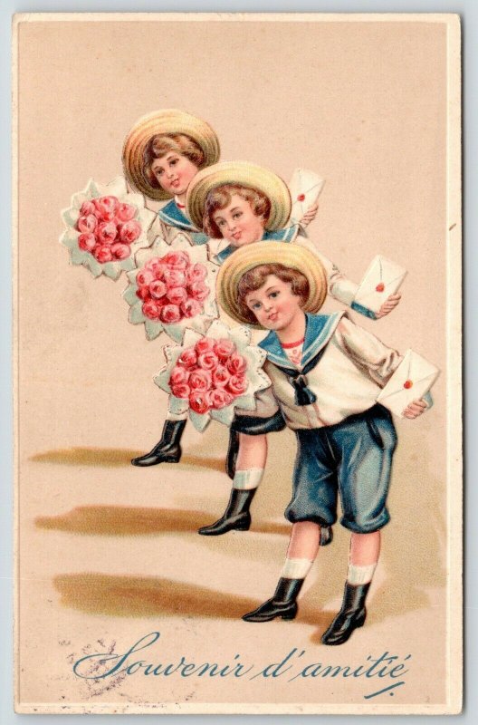 PFB~3 Identical Sailor Boys Bring Pink Rose Bouquets~Cards~Embossed~Serie 9896 