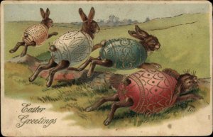 Easter Fantasy Rabbits Racing Decorated Egg Bodies c1910 Vintage Postcard