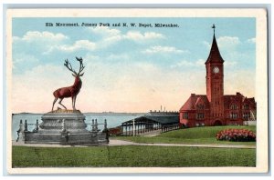 Milwaukee Wisconsin WI Postcard Elk Monument Juneau Park And N W Depot c1910's