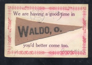 HAVING A GOOD TIME IN WALDO OHIO GOLD FELT PENNANT VINTAGE POSTCARD ELYRIA