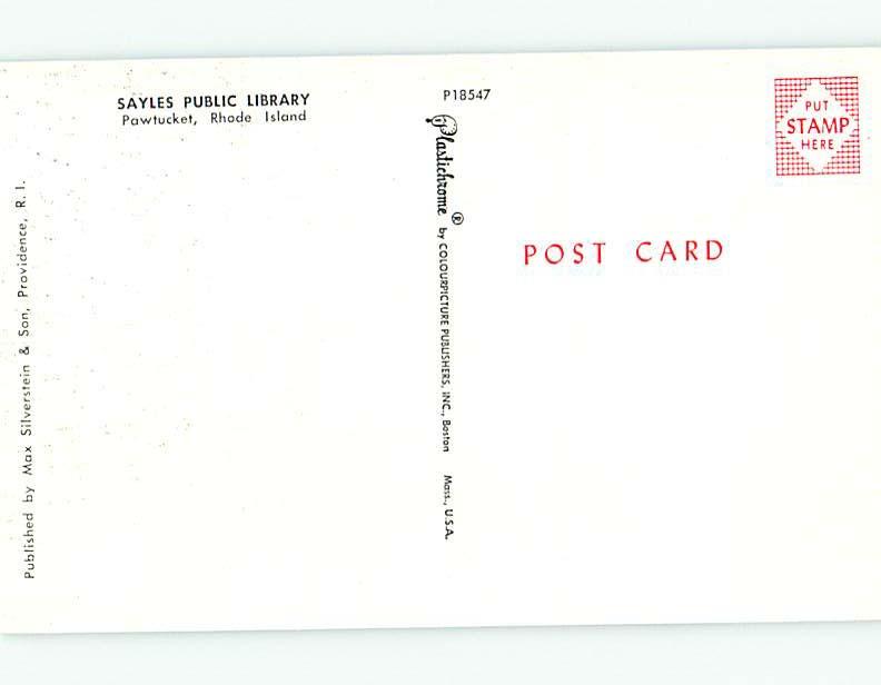 Unused Pre-1980 SAYLES LIBRARY Pawtucket Rhode Island RI r9022