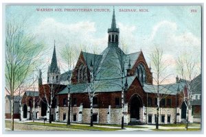 c1910's Warren Ave. Presbyterian Church Building Tower Saginaw Michigan Postcard