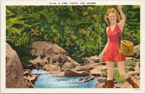 Female Fishing Woman 'Fine Catch' Fly Fishing Stream Red Dress Postcard G14a