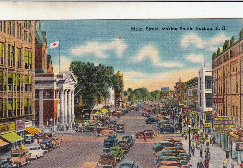 P1742 vintage traffic congestion main st. scene nashua N.H. w/wingate,s store