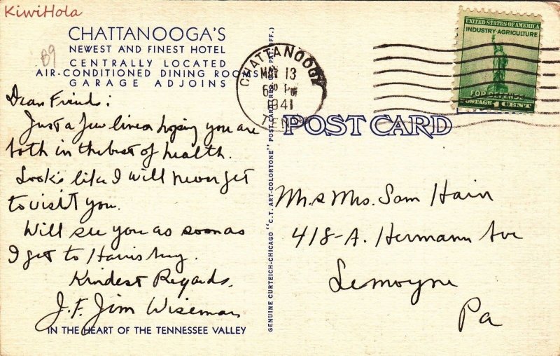 Postcard The Read House Chattanooga TN 1941