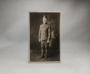 RPPC World War 1 Soldier Posing In Studio AZO Postcard Identified? 