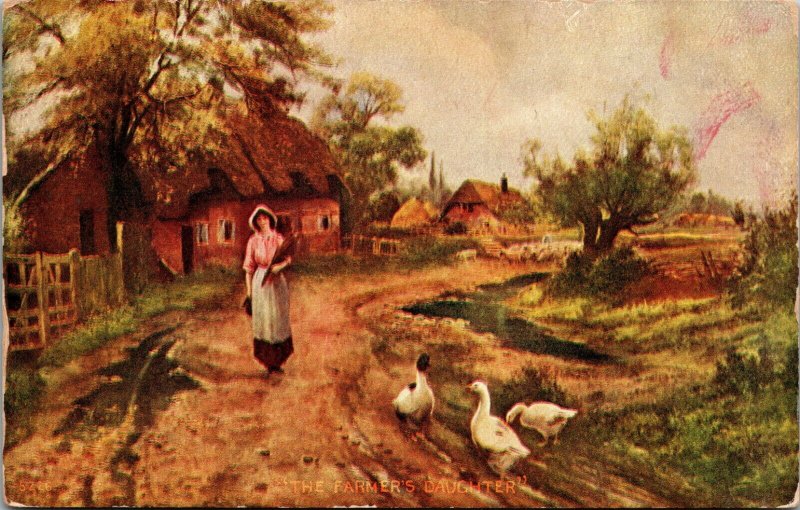 FARM - Trail - Farm Maid woman - Animals - Chicken - Art Vintage Postcard