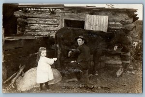 Little Girl Father Milking Cow Papa It Good To Me Eveleth MN RPPC Photo Postcard