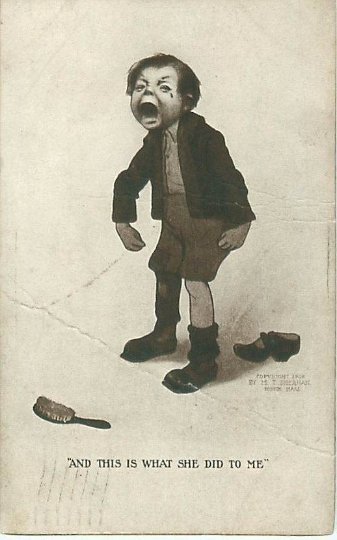 Crying Bratty Boy, Forced to Clean Up, Humorous Postcard