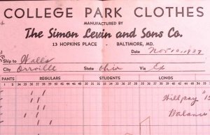 1937 SIMON LEVIN AND SONS CO COLLEGE PARK CLOTHES LARGE BILLHEAD INVOICE Z431