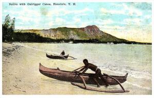 14354  HI  Honolulo  1920 Natives  with Beaching  Outrigger Canoes