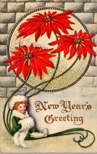 Happy New Year With Beautiful Lady and Poinsettias 1911