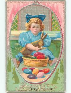 Pre-Linen easter CUTE GIRL HOLDING BUNNY RABBIT ON LAP k2398