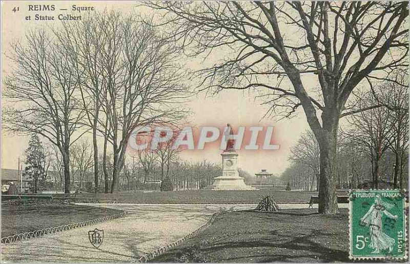 Postcard Old 41 Reims square and statue colbert