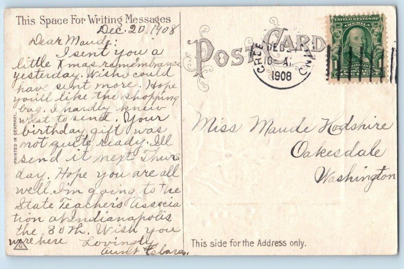 Christmas Postcard Greetings Holly Berries Winter Scene Oakesdale WA 1908 Posted