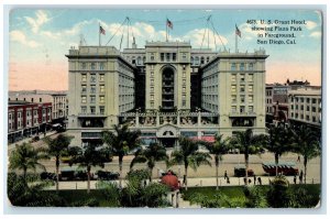 1923 US Grant Hotel Showing Plaza Park San Diego California CA Flags Postcard