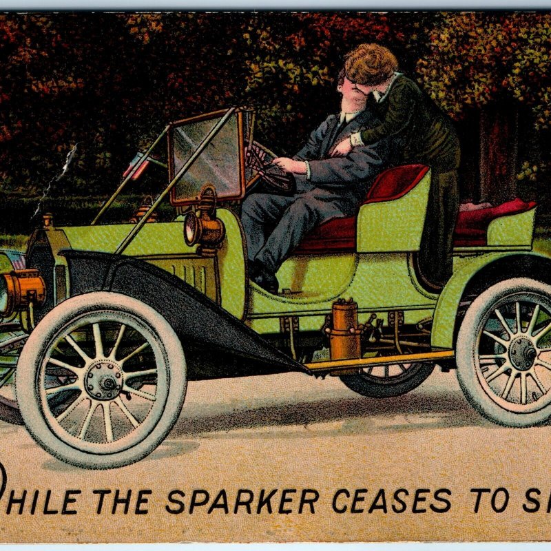 c1910s Driving Car Romance While The Sparker Ceases To Spark Postcard Rare A75