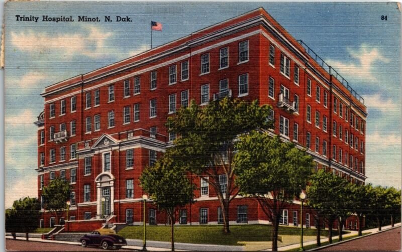 Trinity Hospital Minot North Dakota Linen Old Car Flag Wob Note 1959