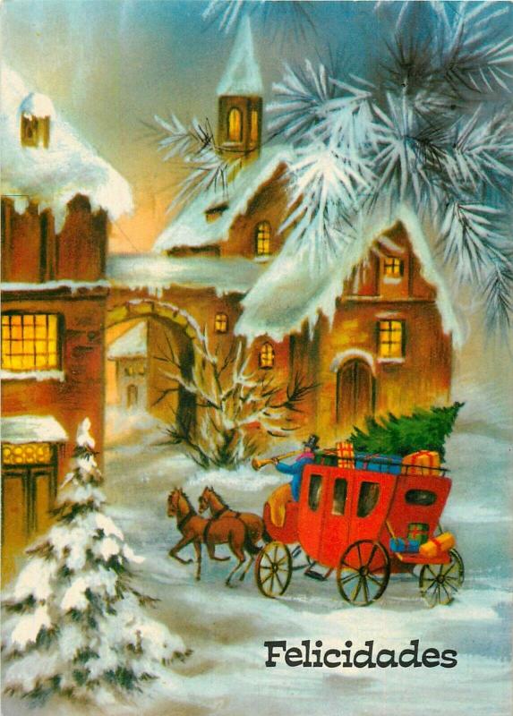 Horses carriage winter fantasy Felicidades greetings Argentina postcard