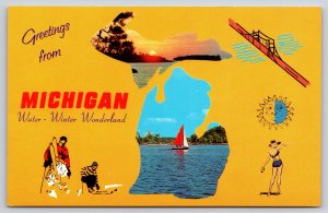 Maps~3 Cartoon Scenes & Lake In State Shape Michigan~Vintage Postcard