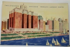 Illinois Chicago THE STEVENS World's LARGEST Hotel Sailboats 1930s Postcard H6