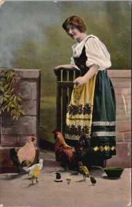 Woman with Chickens and Chicks Vintage Postcard C220