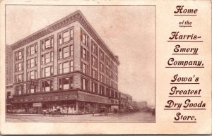 Postcard Home of the Harris-Emery Company Dry Goods Store Des Moines Iowa~139953