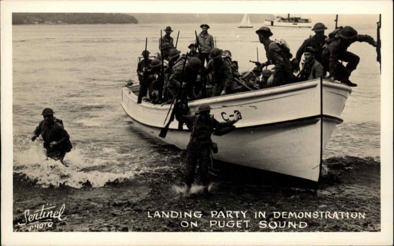 WWII Soldiers Boat Landing on Puget Sound Sentnel Real Photo Postcard