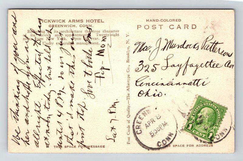 Pickwick Arms Hotel Greenwich Connecticut CT Postcard PM WOB Note VTG Vintage