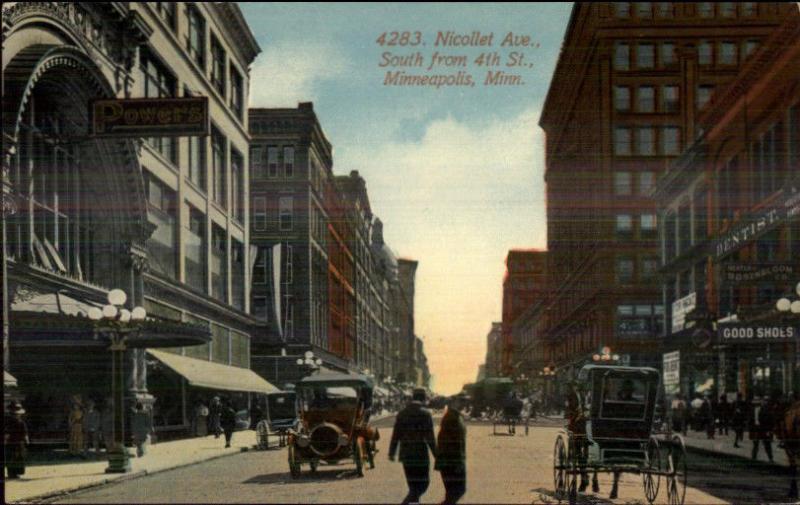 Minneapolis MN Nicollet Ave Store Signs Cars c1910 Postcard