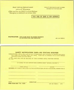 2 Civil Defense Safety Notification Evacuation Post Cards POD form 810 Feb 1959
