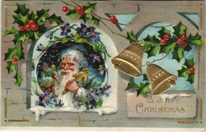 PC SANTA CLAUS, A JOLLY CHRISTMAS, Vintage EMBOSSED Postcard (b30418)