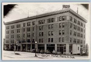 Pierre South Dakota SD Postcard RPPC Photo St. Charles Hotel Building Cars