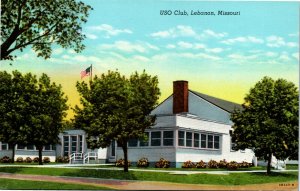Postcard MO Lebanon USO Club American Flag LINEN 1940s H5