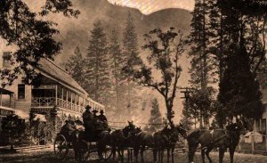 Stagecoach leaving Sentinel Hotel  Yosemite Valley  California Postcard c1908