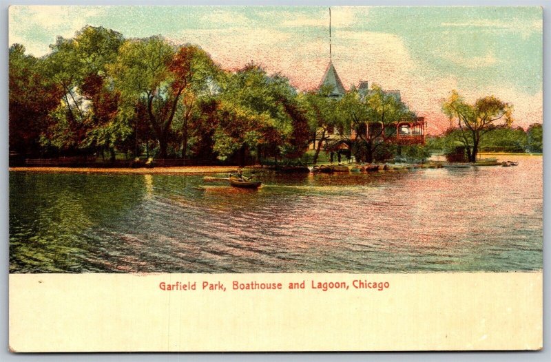 Vtg Chicago Illinois IL Garfield Park Boathouse & Lagoon 1910s View Old Postcard