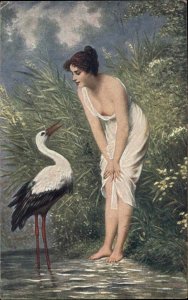 Schweninger Art Nouveau Greco Roman Partial Nude Woman and Stork c1910 PC