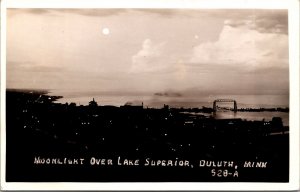 Real Photo Postcard Moonlight Over Lake Superior and Duluth, Minnesota~135249