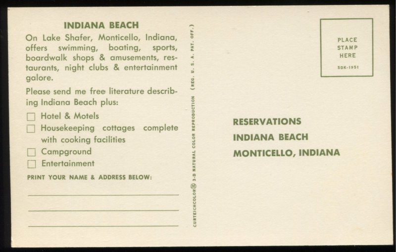 Indiana Beach, Monticello, IN. Vintage info request postcard by Curt Teich
