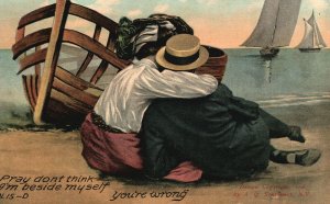 Vintage Postcard 1908 Lovers Couple Hugging Sweet Romance Ocean Boating