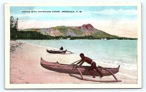 HONOLULU, HI Hawaii ~ NATIVE with OUTRIGGER CANOE c1920s Postcard