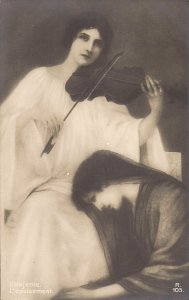 Two Women & Violin, Mourning, Polish & French, Music, Comfort, ca. 1910