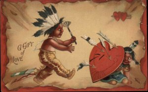 Clapsaddle Valentine American Indian Children Romance Bow and Arrow c1910 PC